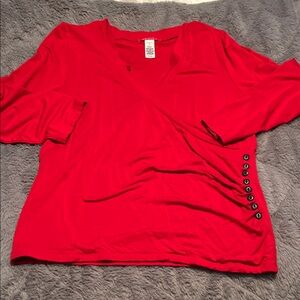 Anne Klein Bright Red V-Neck 3/4 Sleeve Top with Side Button Detail